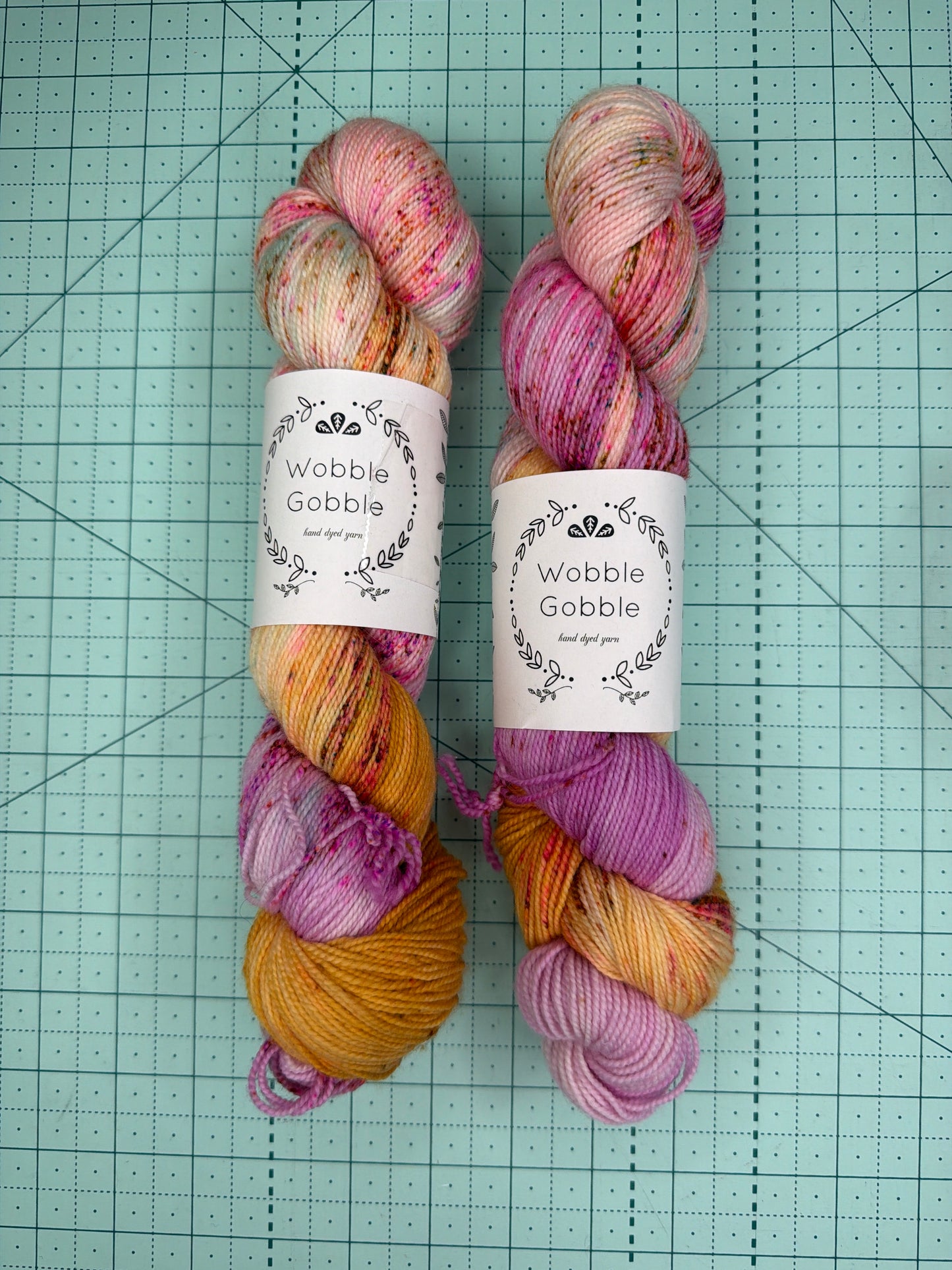 Hand dyed fingering weight yarn by wobble gobble yarns