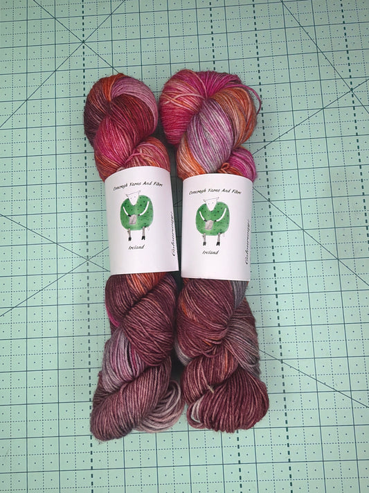 Hand dyed fingering weight yarn from Comeragh yarns and fibre